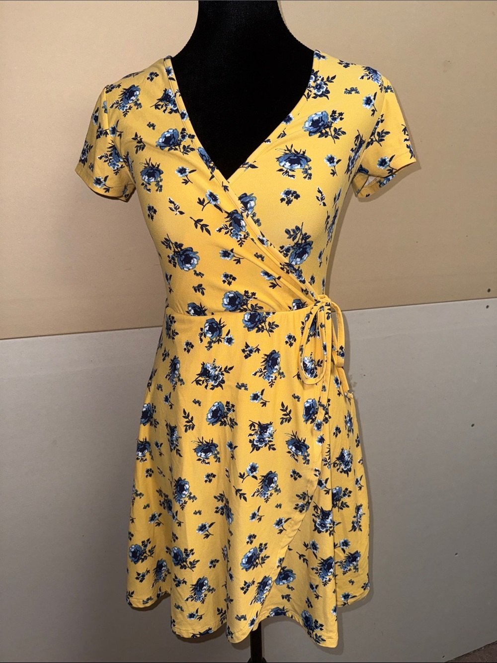 Yellow Floral Wrap Dress with Blue Rose Print